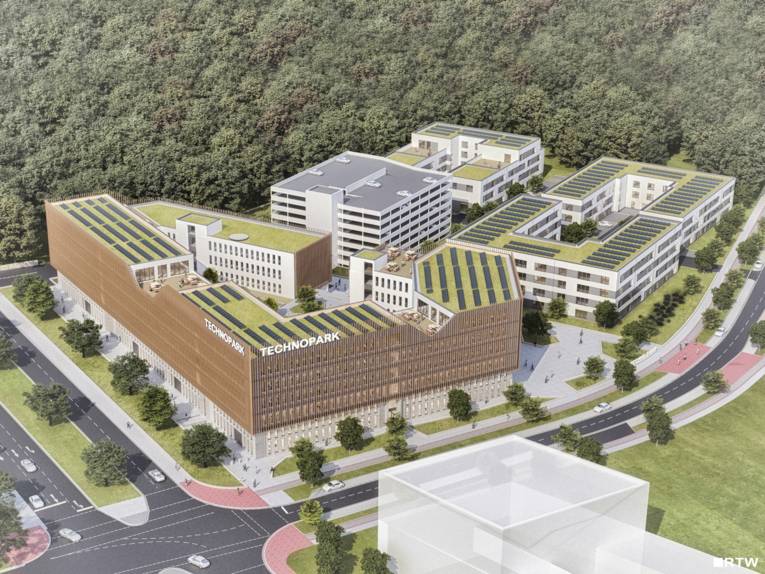 Vogelperspektive auf den geplanten Technologiecampus mit Blick von Süden nach Osten.